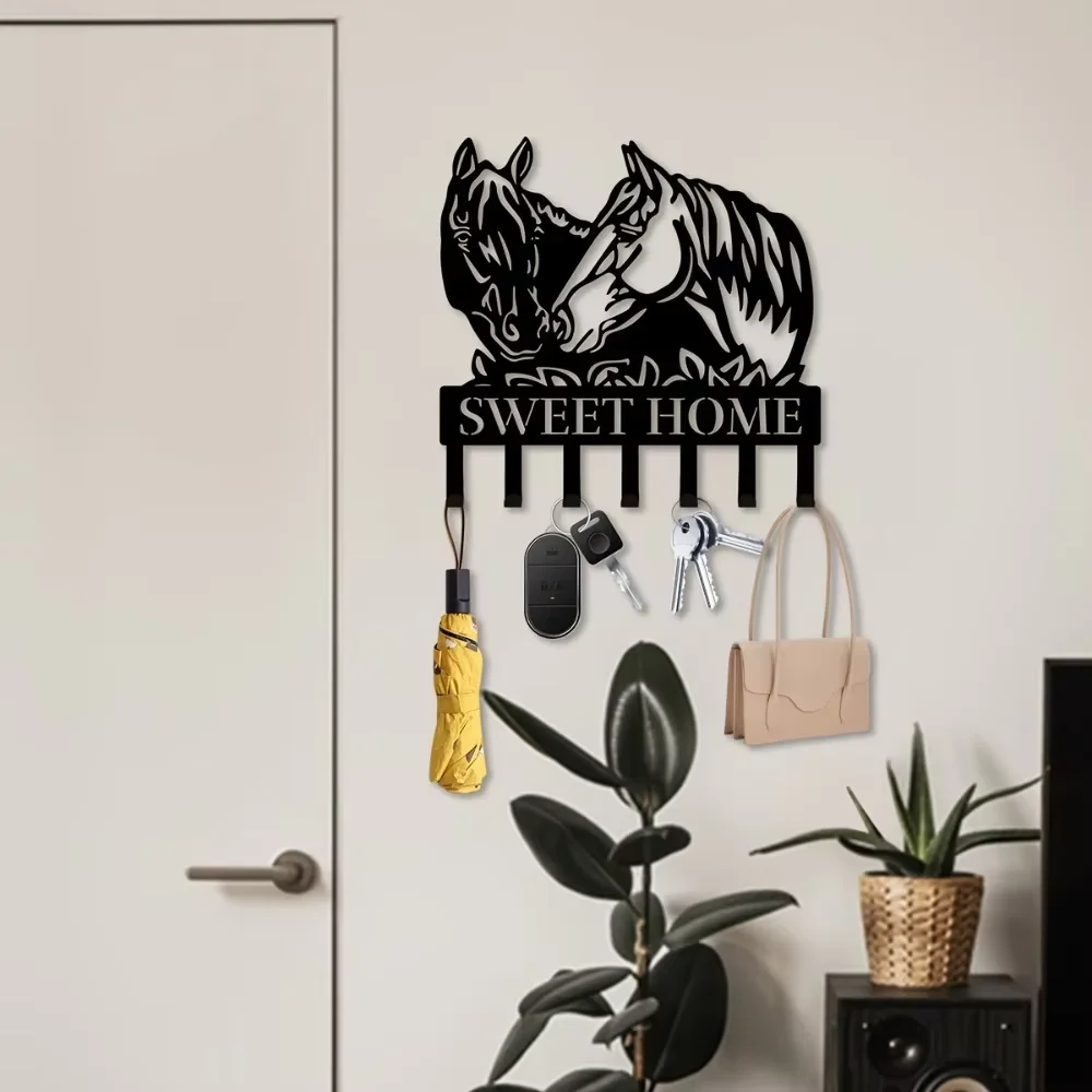 1pc, Wall Two Horse Head Metal Key Hanger, Multi-Purpose Clothes Bag Key Hook, Decorative Living Room Wall Hook, Metal Wall 4