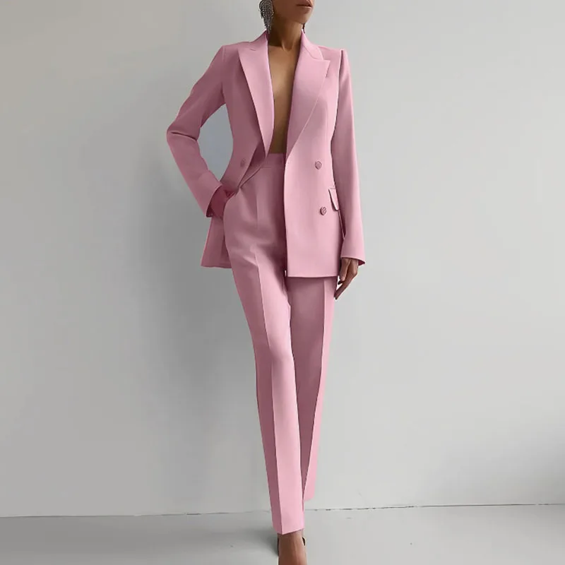 Elegant Commuter Career Outfits Fashion Lapel Collar Button Blazer & Pencil Pants Sets Women Casual Long Sleeve Solid 2Pc Suits