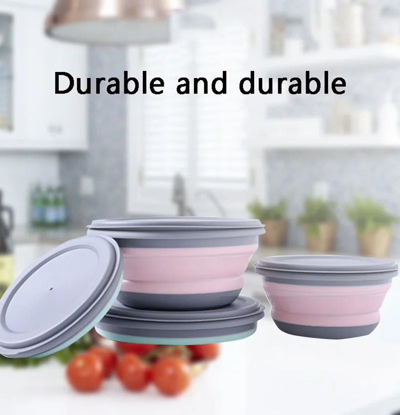 3 PCS/Set Camping Bowl Foldable Silicone Collapsible Bowl Lunch Box Salad  Bowl Lid Expandable Food Storage Container Bento Box