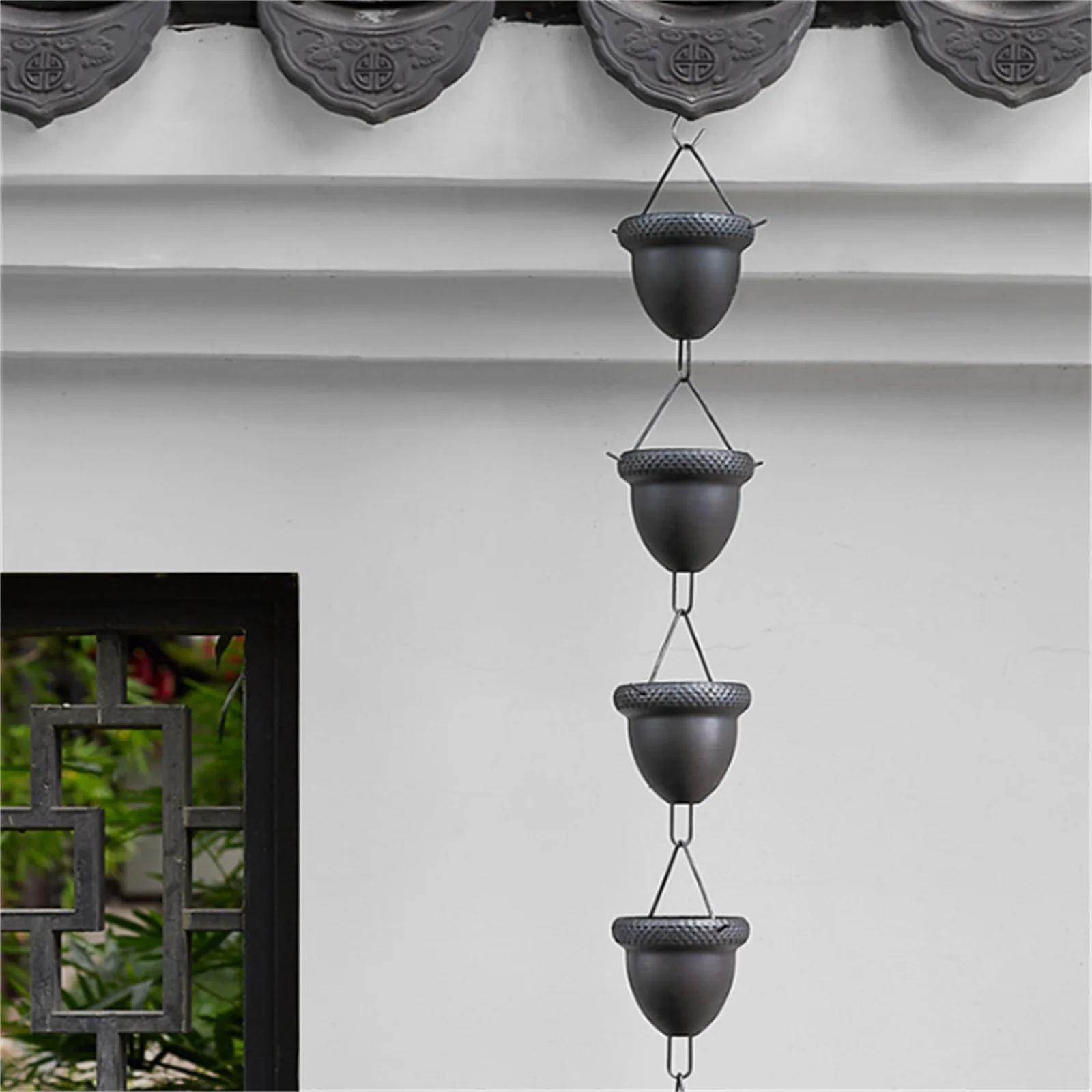 Description Picture 5 of item3.3FT Rain Chains Outside Aluminum With 15 Handmade Large Cups Adjustable Replacement Acorn Rain Chain Gutters Eaves Drainage