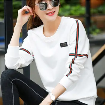 Spring Lady New Loose Appear Thin Long Sleeved Thin Style Korean Round Neck Patchwork Contrasting Colors Insert All-match Tops 1