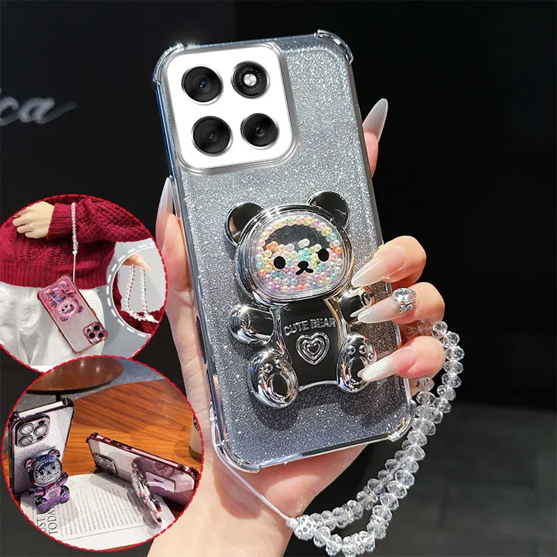 Shockproof Phone Case with 3D Bear Stand and Crystal Chain Lanyard - Transparent and Stylish Design