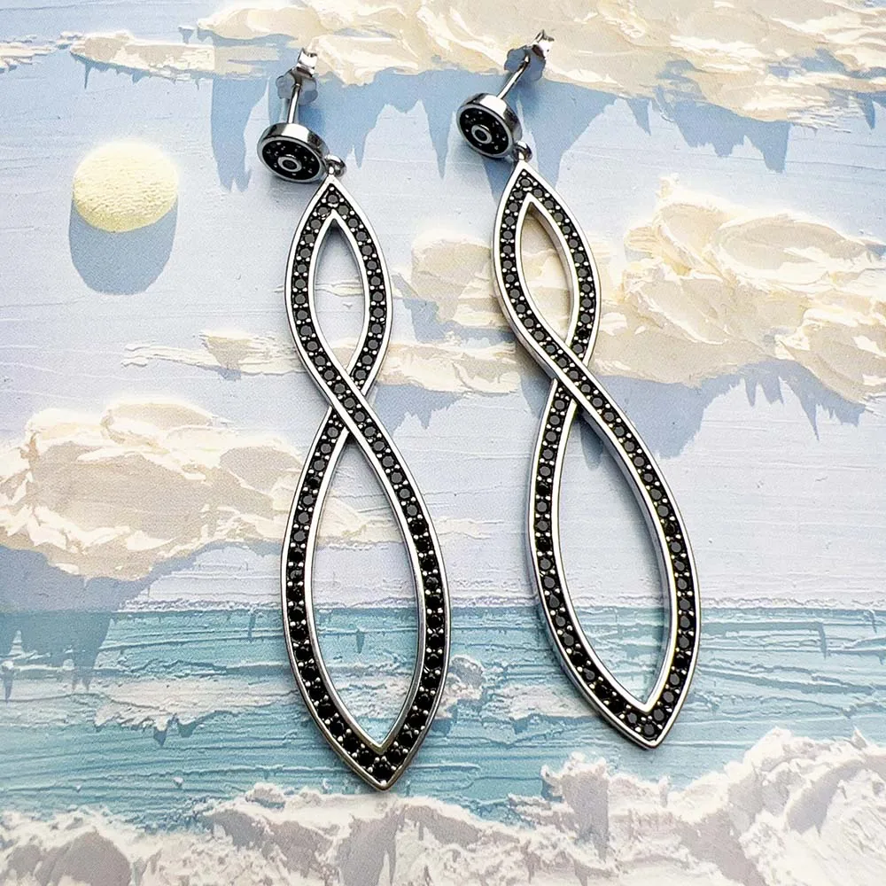 Orecchini Pendenti A Cuore Infinity In Argento 925 Con Diamanti Neri 0.20 Ct - Naturali