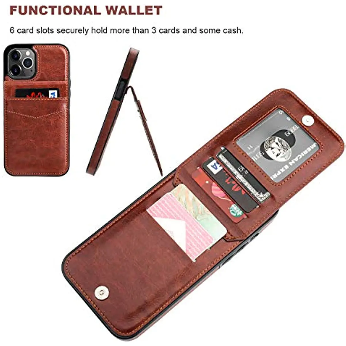 Vertical Horizontal Stand Case for iPhone 14 Plus 13 12 11Pro Max Leather Magnetic Clasp Wallet Cover with Credit Card Women Men