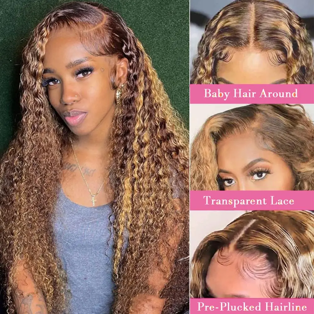 Highlight Colored 13x4 Hd Curly Human Hair Lace Frontal Wig Honey Blonde Deep Curly Lace Front Human Hair Wigs Women human hair wig