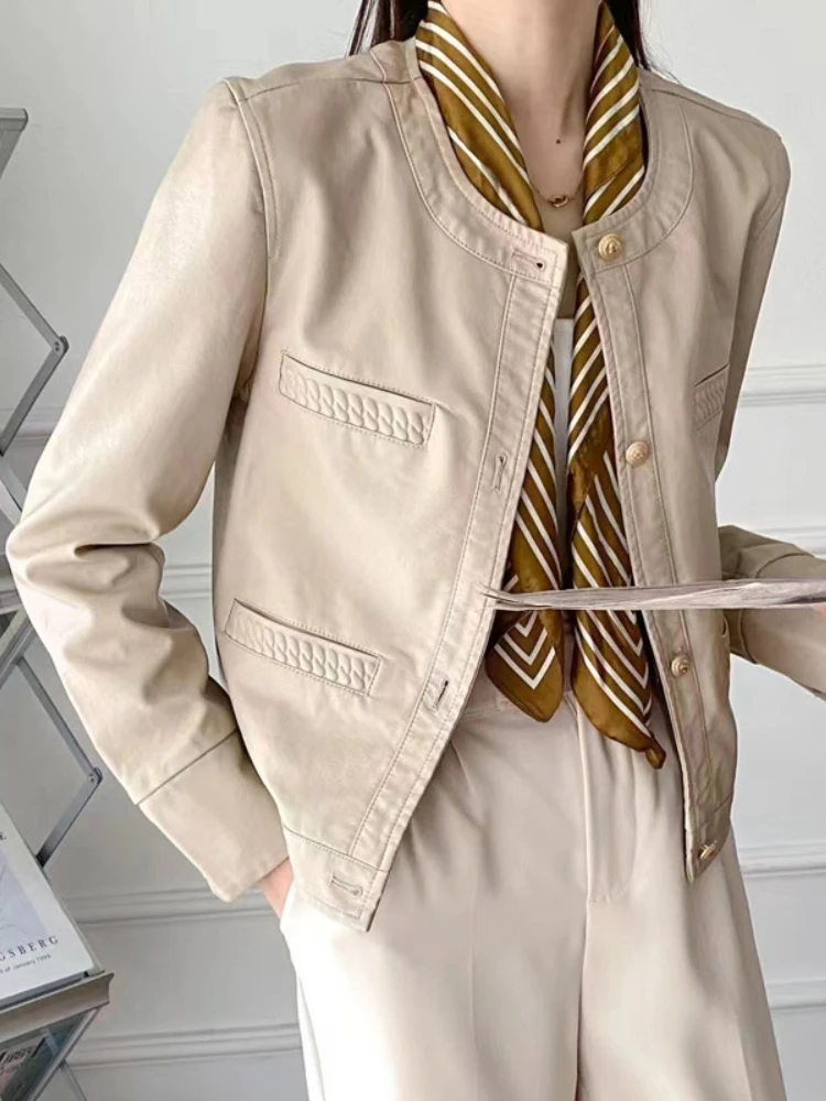 

LY VAREY LIN New Spring Autumn Women Elegant O-neck Single Breasted Pu Coat Lady Fashion Vintage Faux Leather Short Jackets