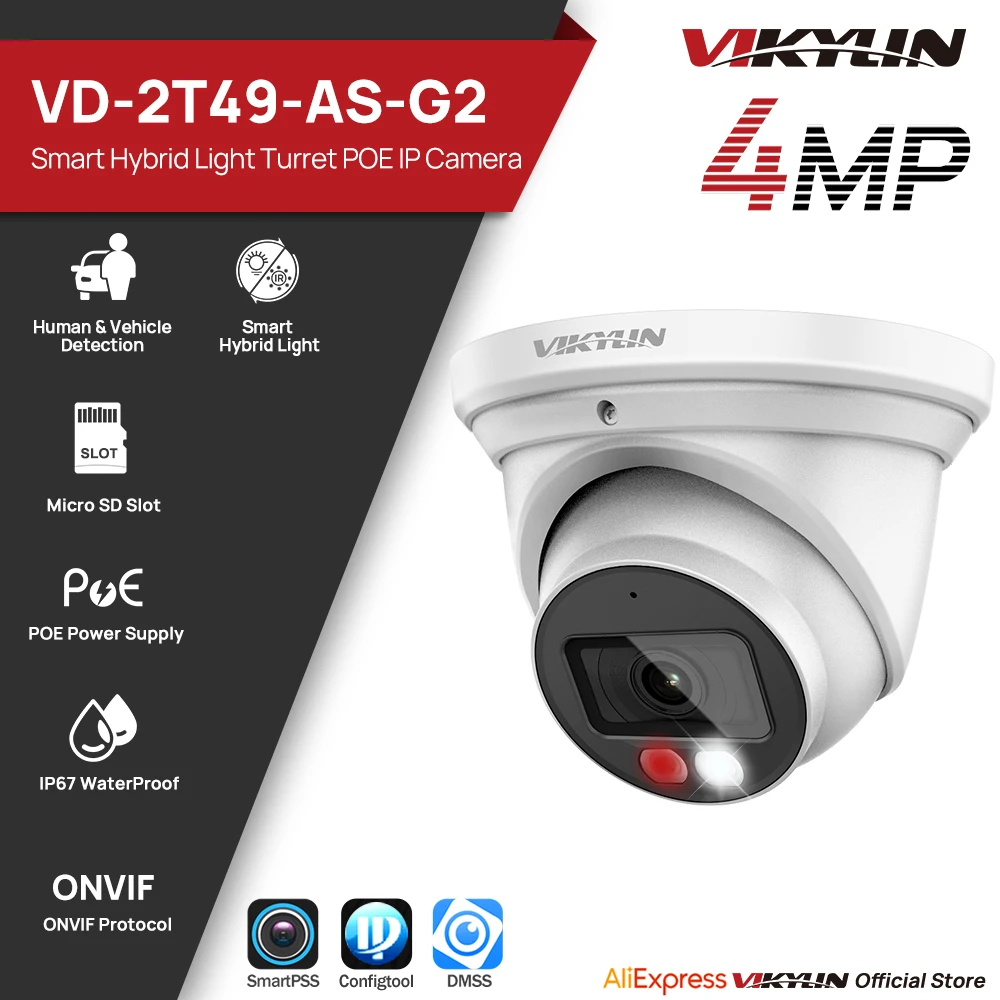 

Vikylin Full Color Security IP Camera 4MP For DHOEM HDW2449T-S-IL OEM Built-in Mic SD Card WizSense Human vehicle detection IP67