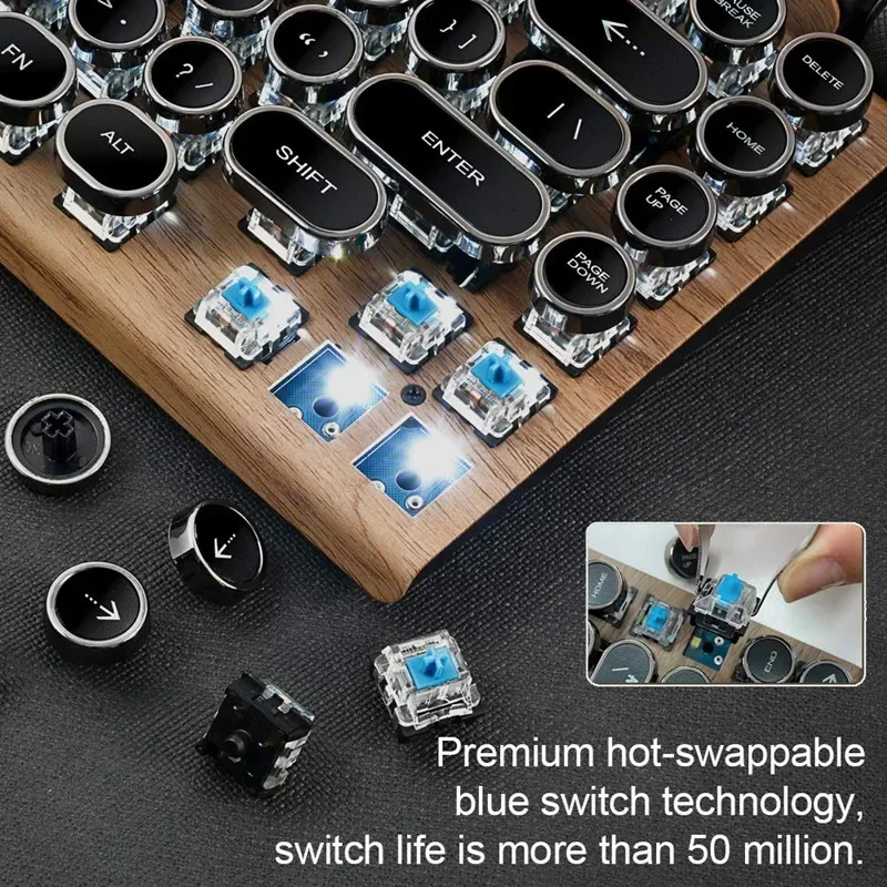 Teclado de Máquina de Escrever Retro Teclado sem Fio Bluetooth Usb Mecânico Punk Keycaps para Desktop pc Portátil Telefone - Imagem 3