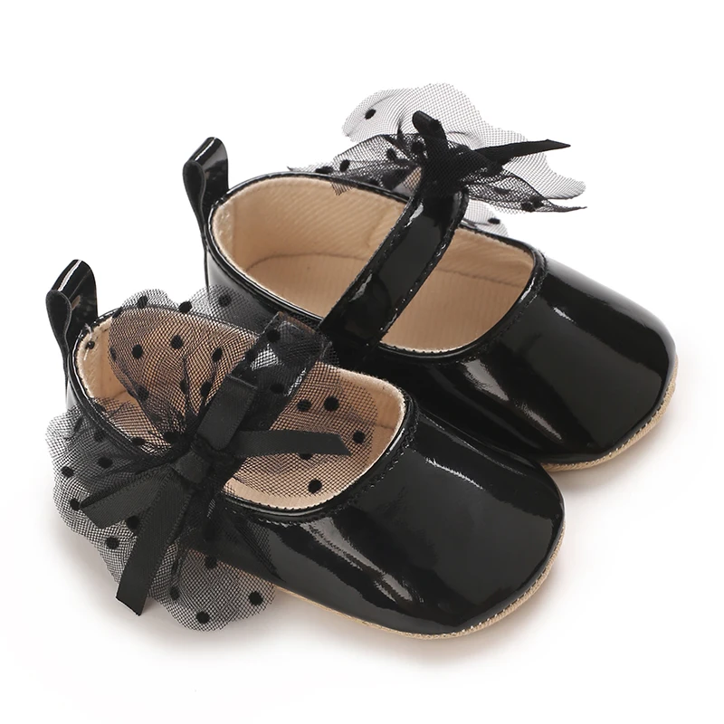 Baby Girl Shoes 0-18M Classic PU Leather Girls' Baby Shoes Bow Princess Flat Bottom Anti slip Soft Bottom Walking Newborn Crib Dress Shoes