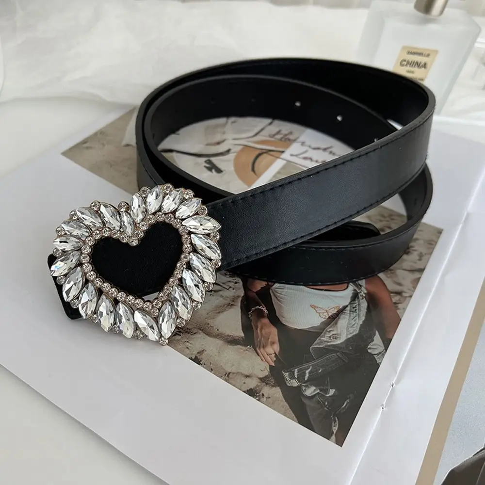

Buckle Rhinestone Heart Pin Buckle Belts PU Leather Trouser Decoration Crystal Heart Belts Women Waistbands Dress Waist Belts