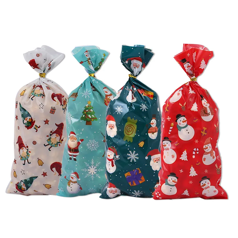 Christmas Gift Bags 50Pcs Merry Christmas Plastic Candy Cookie Bags Xmas Tree Snowflake Santa Claus Decorations