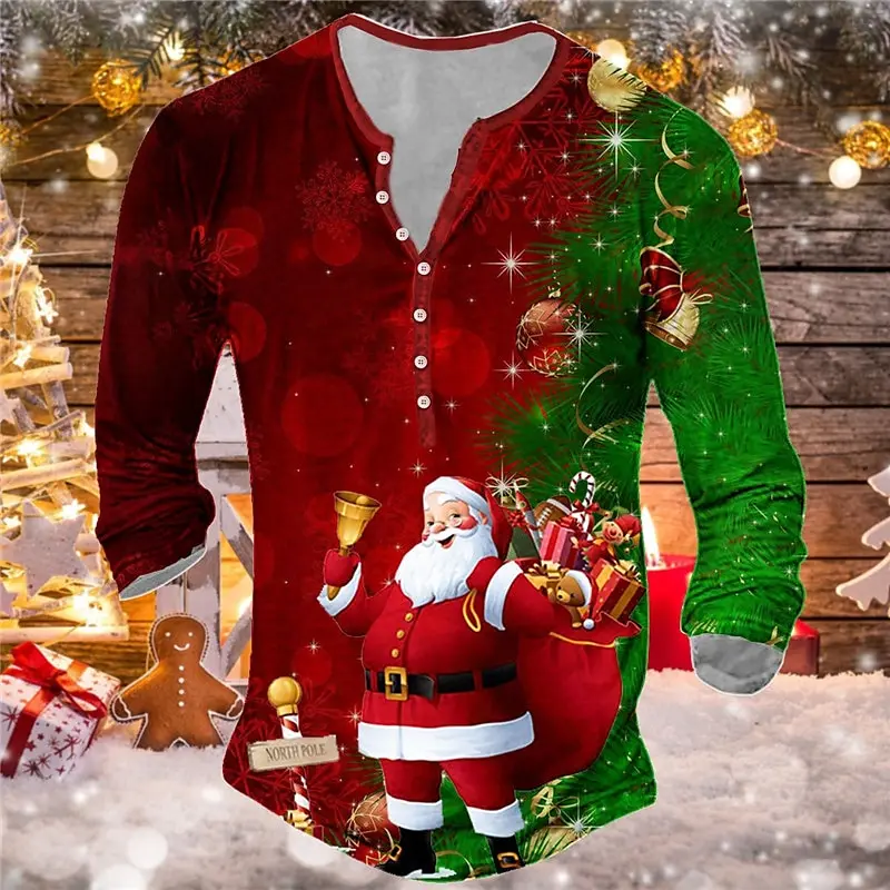 

Christmas Men’S T-Shirt Santa Claus Graphic T Shirts Cotton 3D Printing Henley Shirt Long Sleeve Tee Oversized Men Clothing Tops