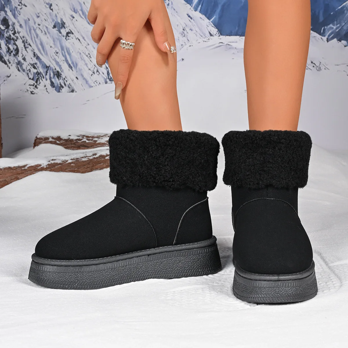 Shoes for Women Winter Women's Boots Black Round Toe Solid Flock Plush Warm Mid Heel Water Proof Casual Snow Boots Women