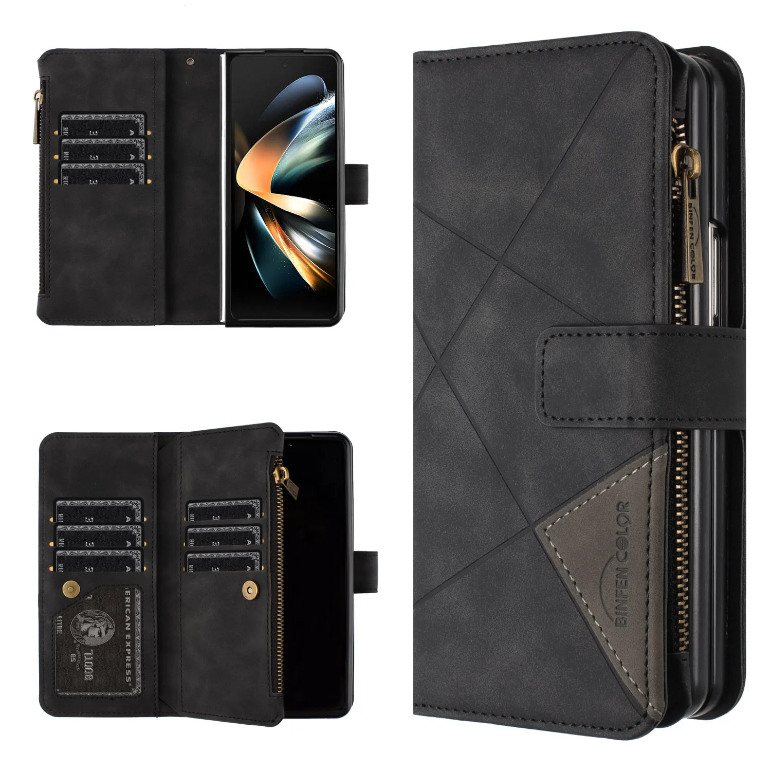 

For Samsung Galaxy Z Fold 5 4 3 5G Case Newly Luxury Rhombus Zippered Wallet Leather Folding All-inclusive Shockproof Hard Cover