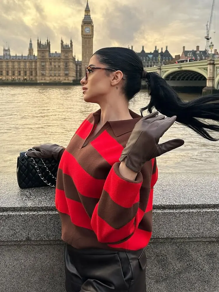 HH Spring Women Elegant Fashion Striped Knitted Sweater Polo Collar Long Sleeve Pullover Sweater High Street Lady Chic Tops