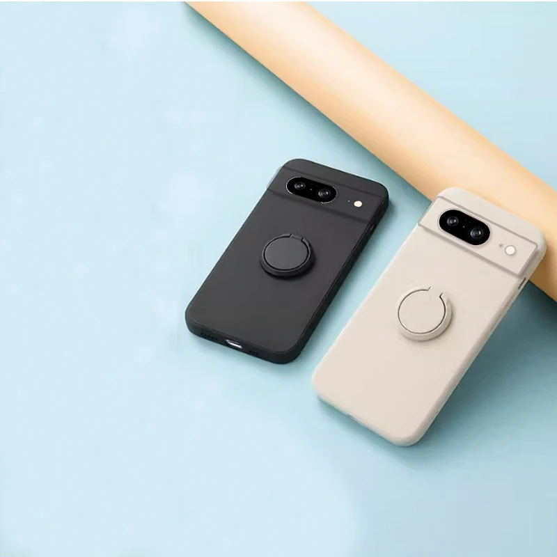 Silicone Back Cover with Finger Ring Stand and Camera Lens Protection – Solid Color Soft Phone Case