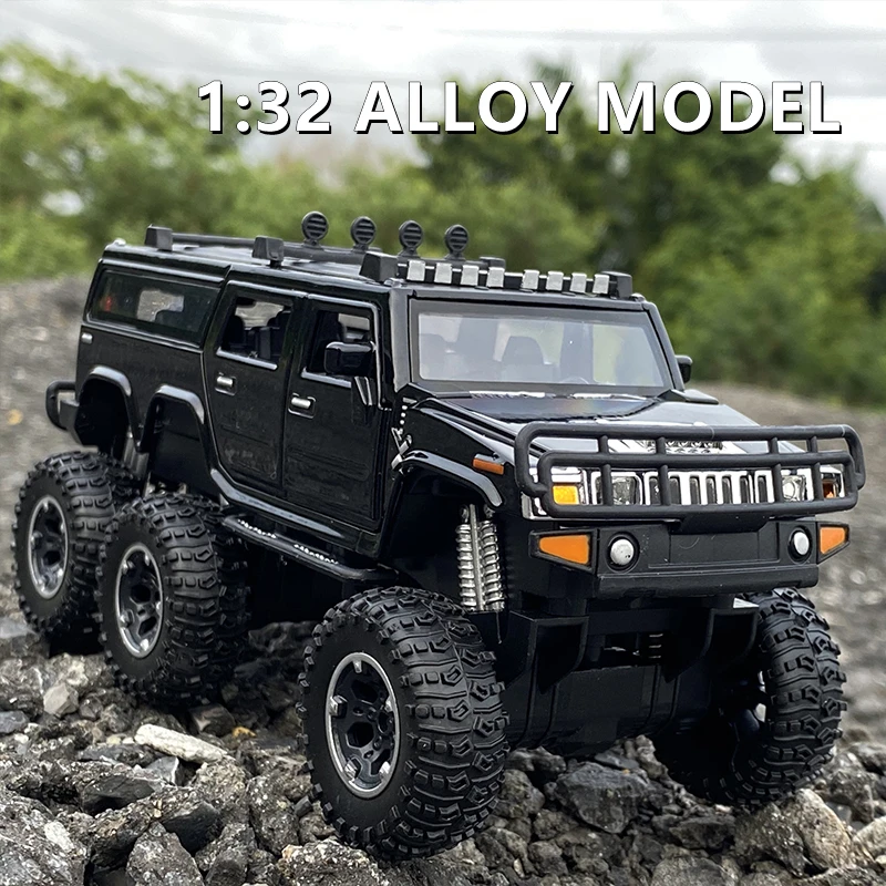 

Модель автомобиля Hummer H2 6*6 из сплава с шинами, модель литая игрушка, модифицированная модель внедорожника, модель автомобиля, имитация звука и фото, детская игрушка в подарок, 1/32