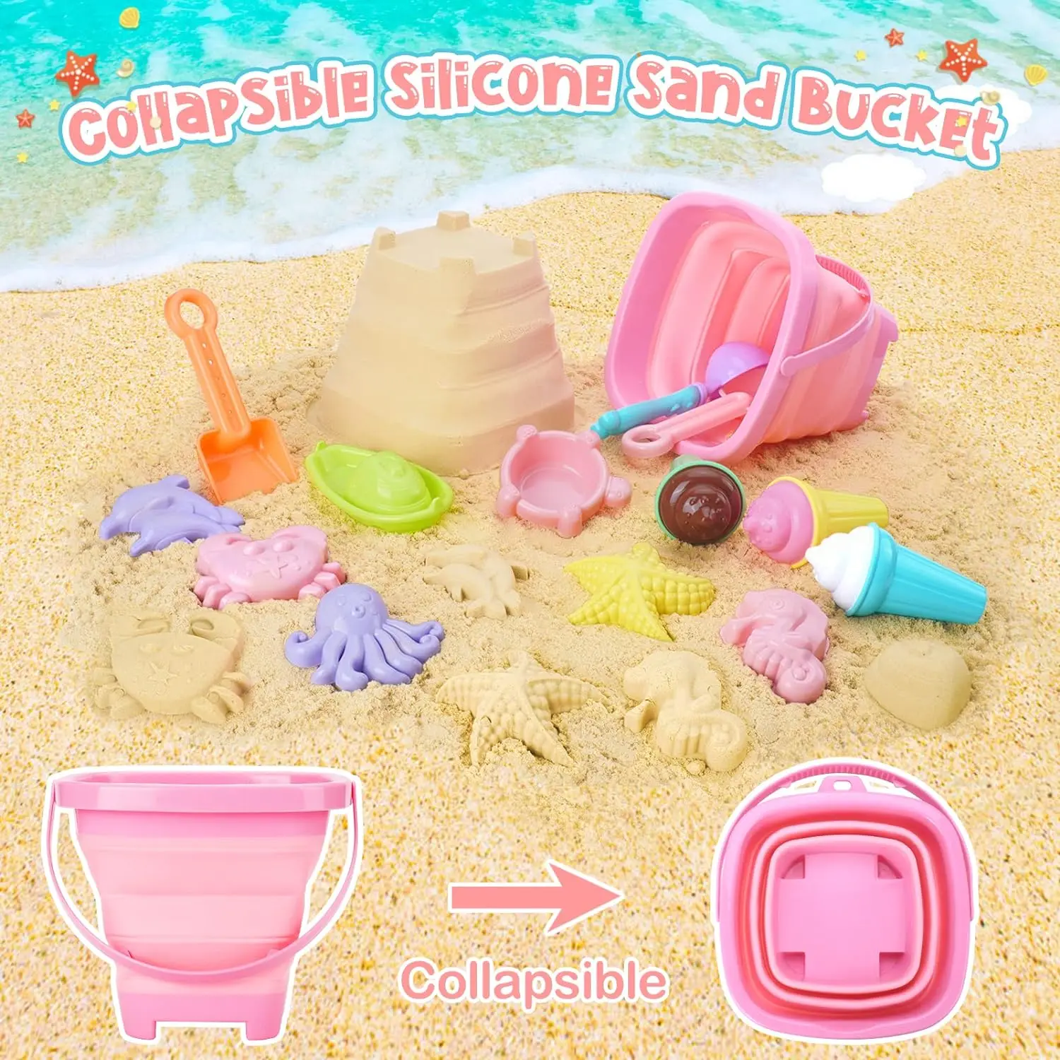 20pcs Beach Toys Set for Kids Toddlers Girls Collapsible Sand Bucket Shovels Set Mesh Bag Sand Molds Ice Cream Travel Sand Toys 4