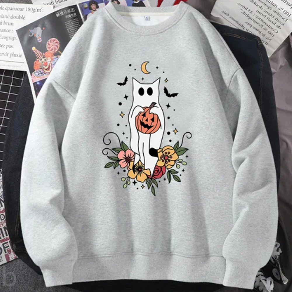 Women Female Cute Funny Cat Sweatshirt Halloween Ghost Pumkin Graphic Hoodies Long Sleeve Fall Harajuku Crewneck Sweatshirts