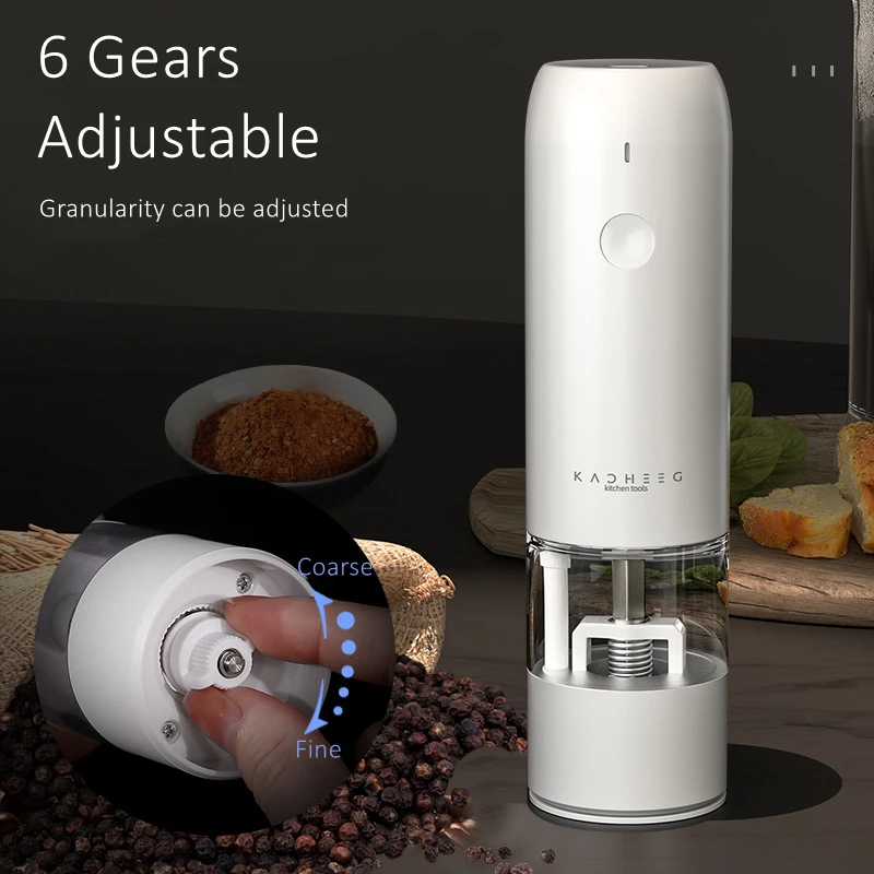 Rechargeable Kitchen Seasoning Grinder 6 Gears Granularity Adjustable Electric Salt Pepper Mill with LED Light and Ceramic Rator