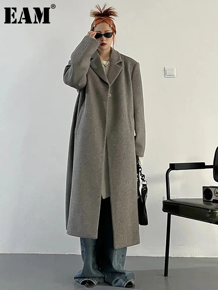 

[EAM] Loose Fit Gray Brief Long Big Size Thick Warm Woolen Coat Parkas New Long Sleeve Women Fashion Autumn Winter 2024 1DF3308