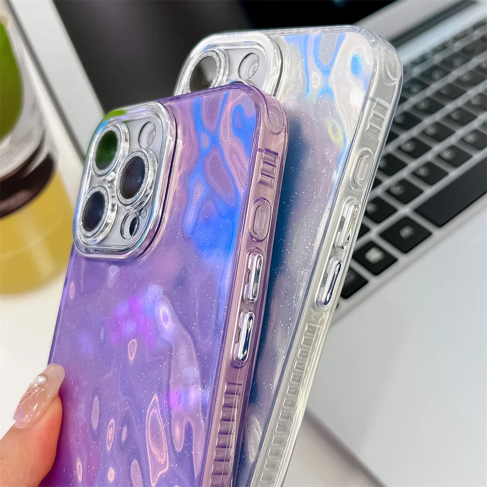 Custodia per telefono con glitter plissettato e increspature dell'acqua abbaglianti per iPhone 16 15 14 13 Pro Max, protezione per obiettivo lucido, antiurto, con retro glitterato_voghion.com