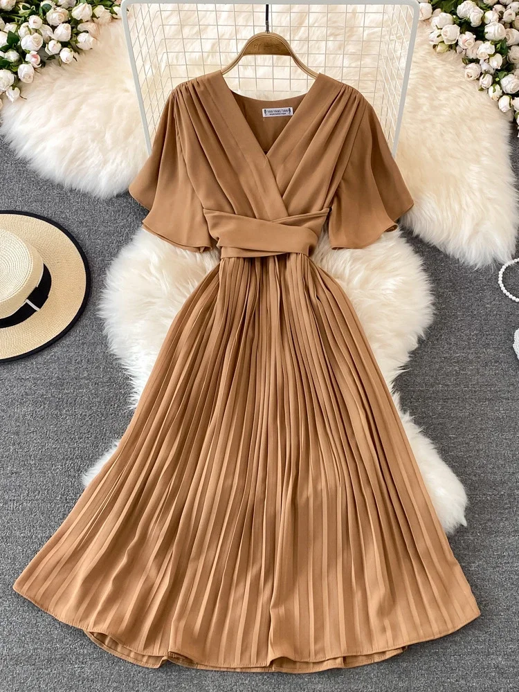 Women Elegant Pleated Dress Summer Short Sleeve V-neck