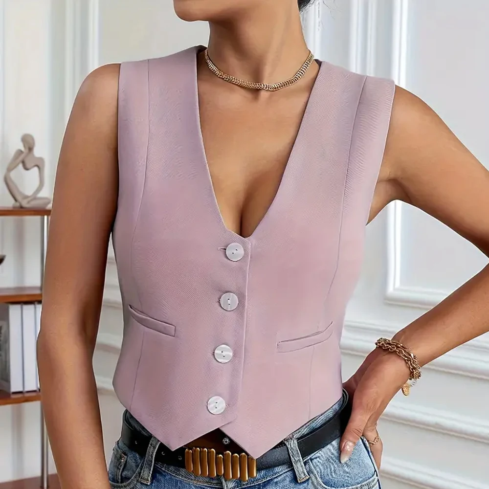 Sleeveless Jacket Women Clothing Deep V-Neck Vests for Women Female Fashion Single Breasted Sexy Slim Sunmmer Wasitcoat Coats