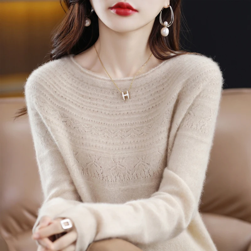 

New autumn and winter 100% wool first-line ready-to-wear hollow women's pullover O-neck cashmere sweater knitted solid color