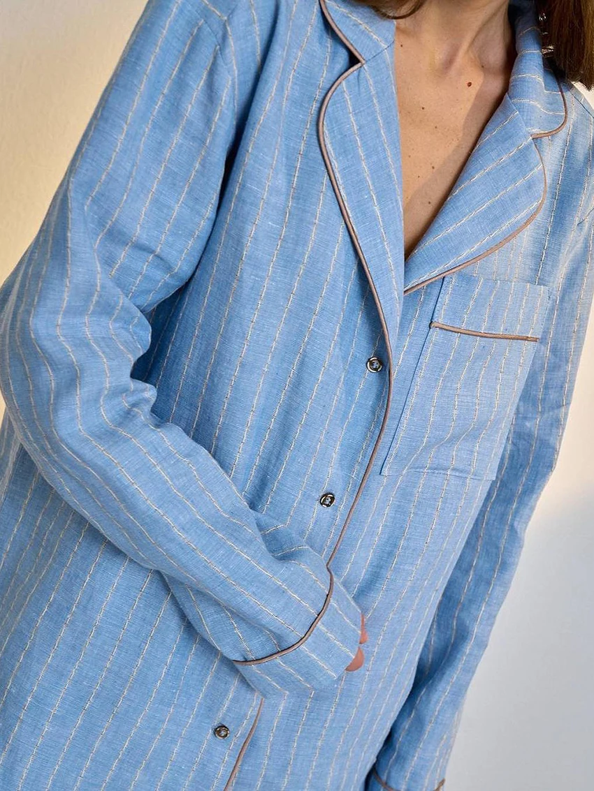 Marthaqiqi New Striped Ladies Pajamas Set Turn-Down Collar Sleepwear Long Sleeve Lace Up Nightgown Shorts Fashion Nightwear Suit