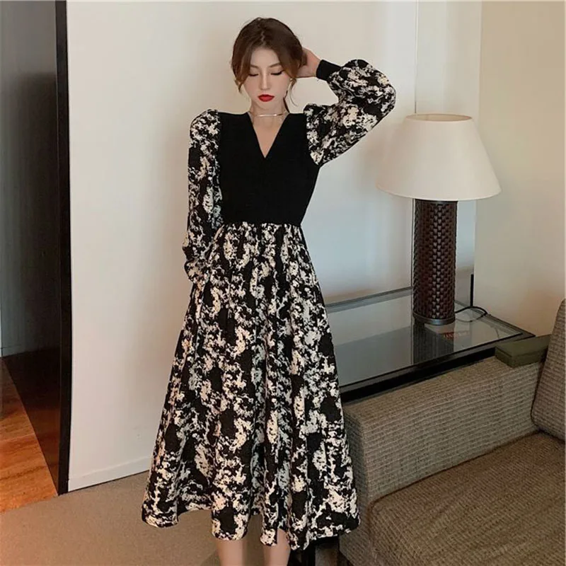 

Fashion V-Neck Printed Spliced Fake Two Pieces Midi Dress Women's Clothing 2024 Spring New Loose Puff Sleeve Casual Dresses
