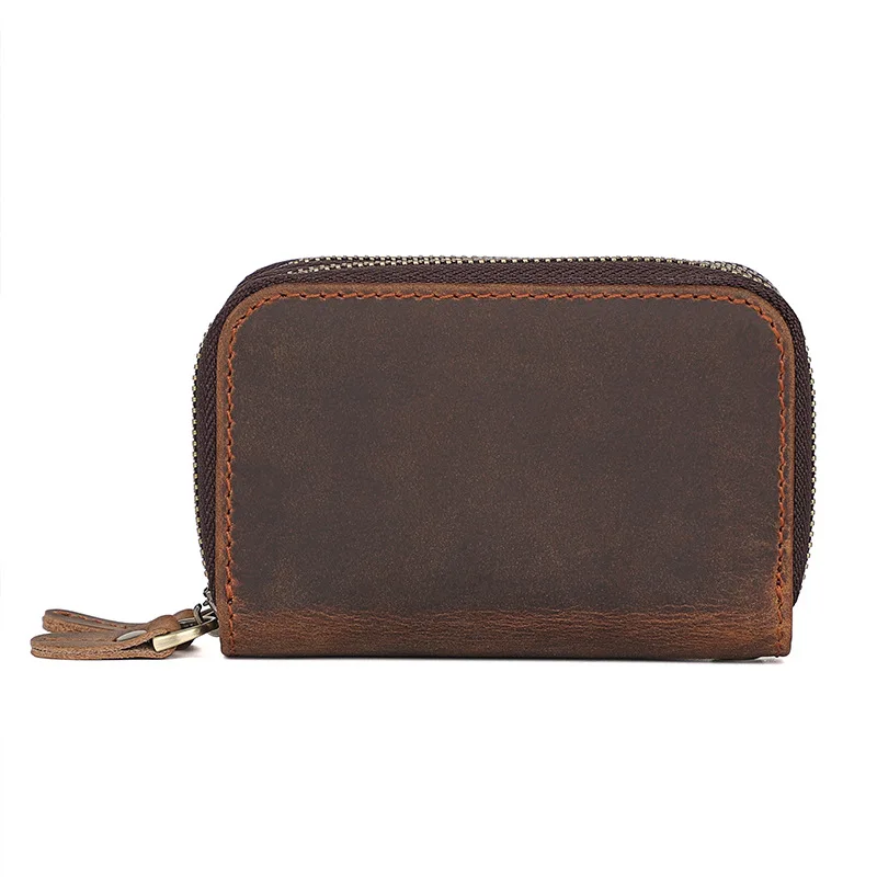 Vintage Leather Card Case & Coin Purse with Hand Strap - Double Zipper Clutch Bag