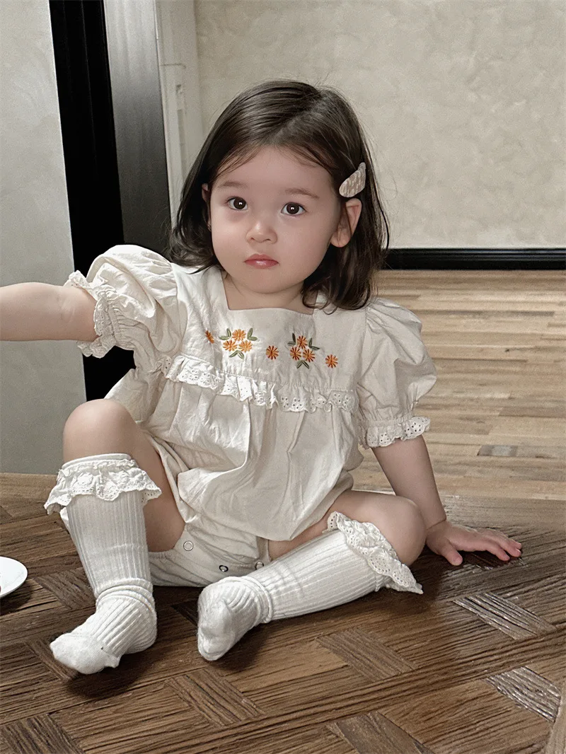 반팔 레이스 바디수트, 귀여운 꽃 자수 공주 점프수트, 옷, 0-24m, 2024 여름 신상
