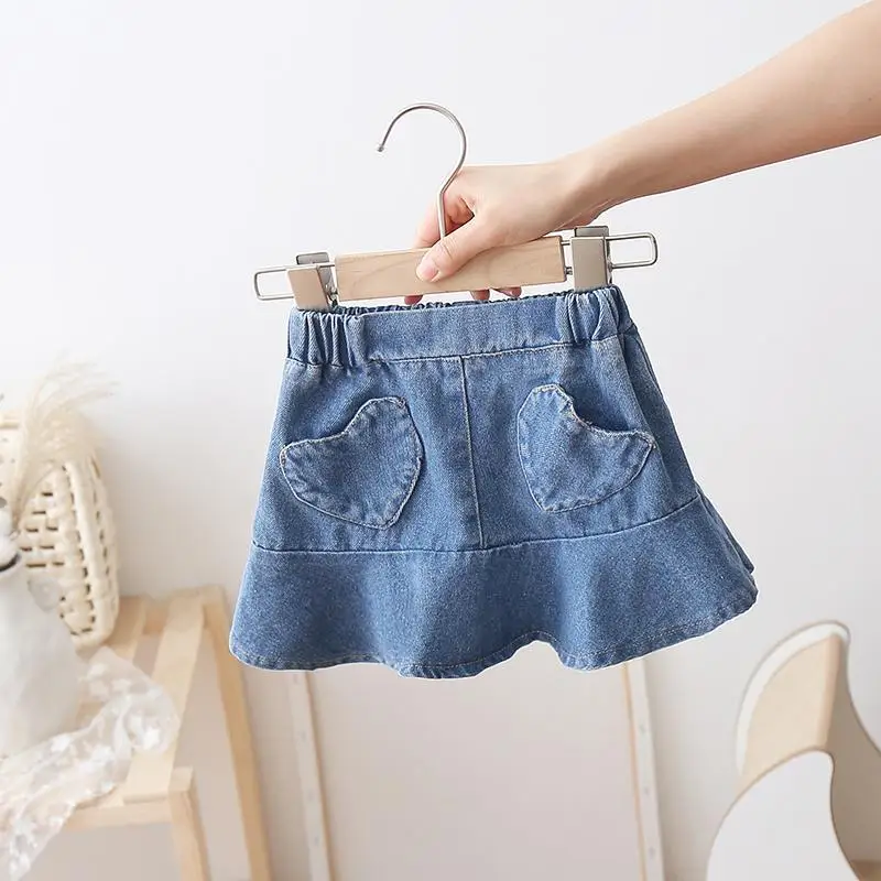 2024 Summer Girls Cute Jeans Skirt with Heart Pocket Baby Kids Children Denim Skirt