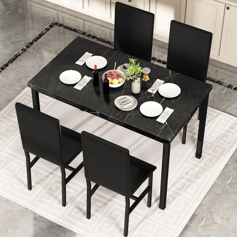 Black Kitchen Table and Chairs for 4, Compact Furniture 5-piece Dining Room Table Set Faux Marble