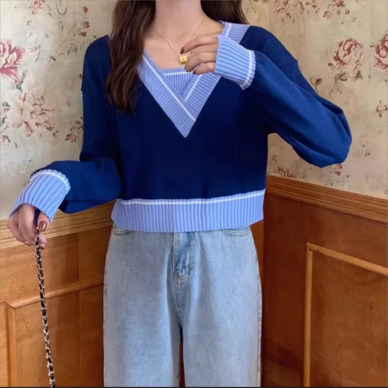 

Contrast Color Knitted Pullovers Women Kawaii V-neck Autumn Cropped Sweater Fashion Korean Style College Simple Gentle All-match