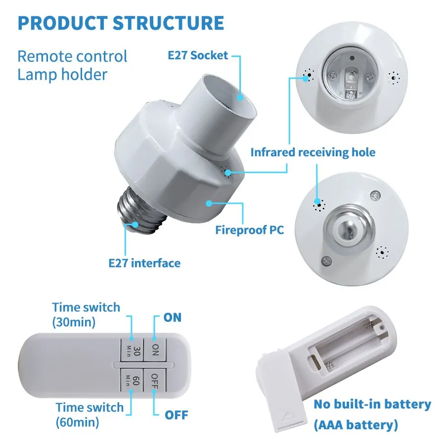 Smart Timer Switch Wireless Remote Control E27 30m Range Lamp Holder 110V 220V ON Off Smart Light Bulb Base Socket Intelligent