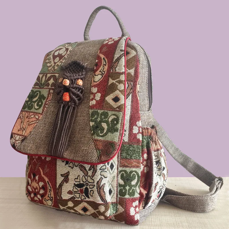 National Original Ethnic Style Printed Cotton Linen Backpack For Women Handmade Woven Leisure Tourism Retro Girl's Backpacks 3