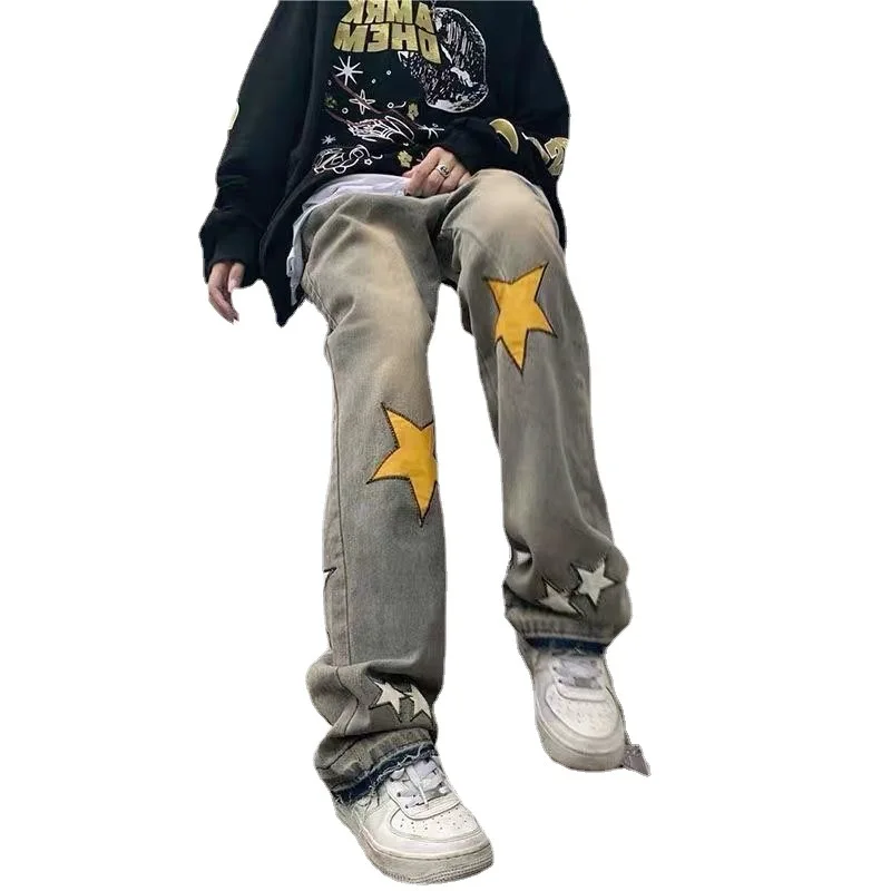 Handsome Jeans Boys and Girls Trendy XINGX Pattern Loose Slimming and Straight Wide-Leg Pants Zipper Casual Trousers