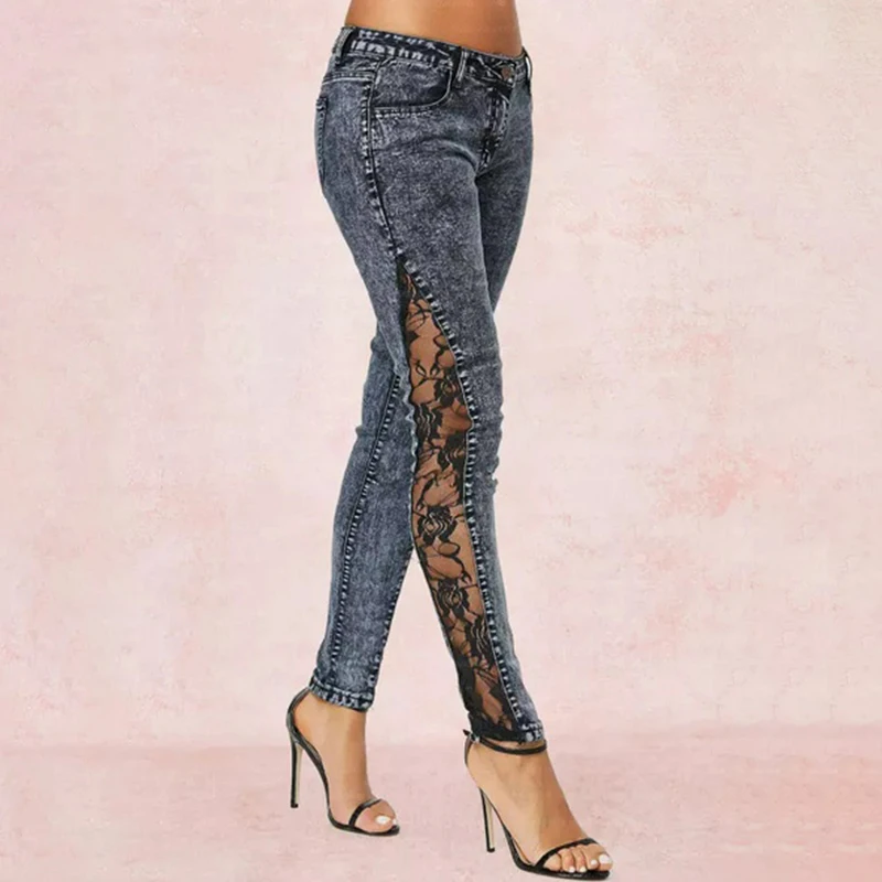 

High Waist Women's Jeans Spring Lace Stitching New Fashion Retro Grey Jeans Sexy Skinny Pants Pencil Pants Strech Jeans for