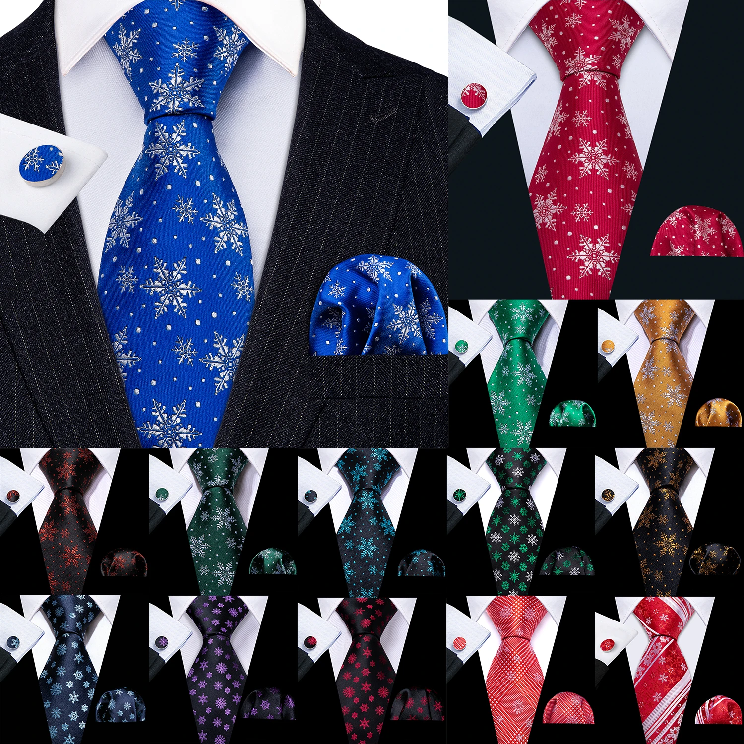 

Barry.Wang Silk Men Tie for Christmas Necktie Hankerchief Cufflinks Set Xmas Festival Cravat Red Green Blue Snow Santa Reindeer