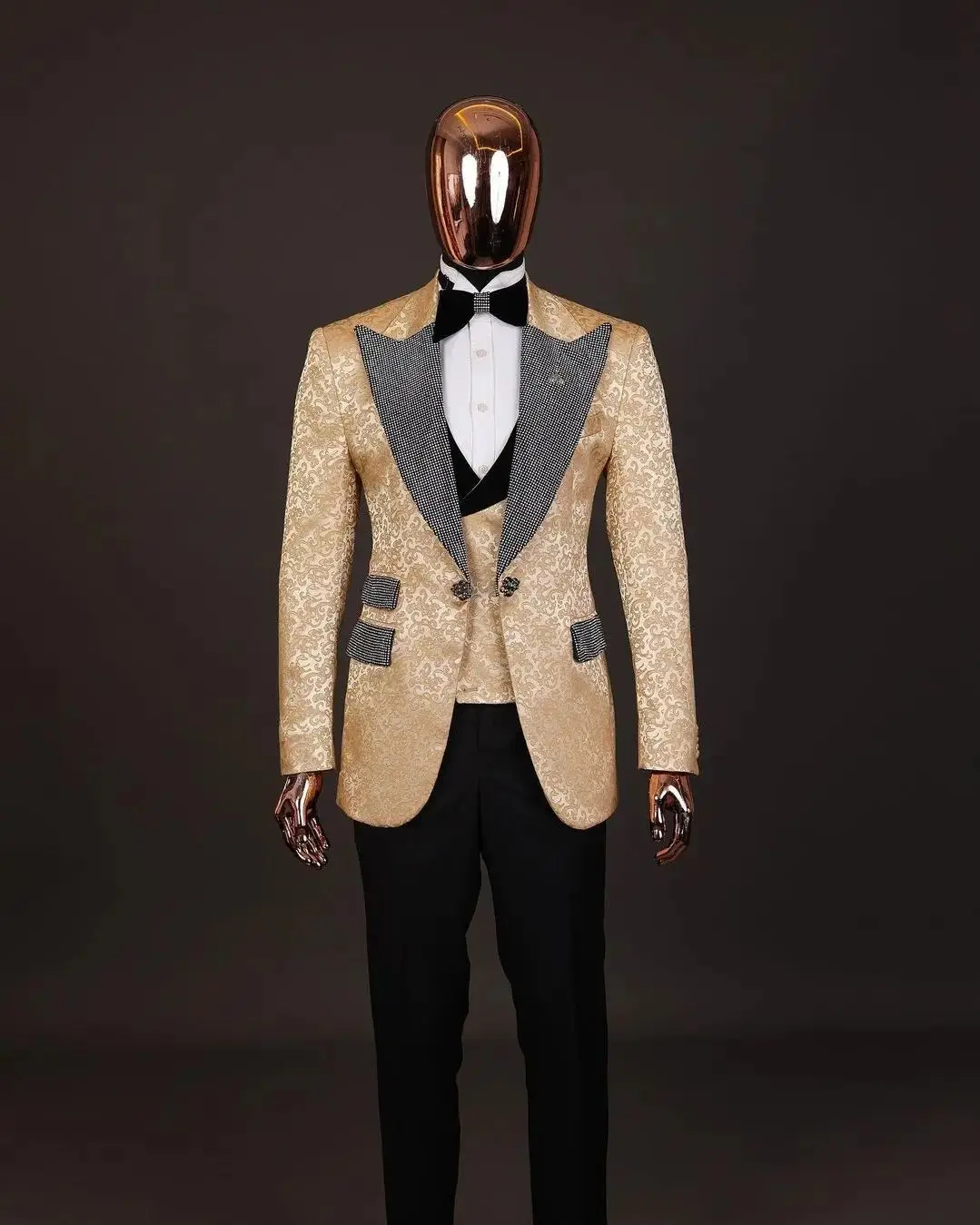 Gold Jacquard Men Suit Tailor-Made 3 Pieces Blazer Vest Black Pant Shiny Lapel One Button Business Wedding Groom Prom Customized