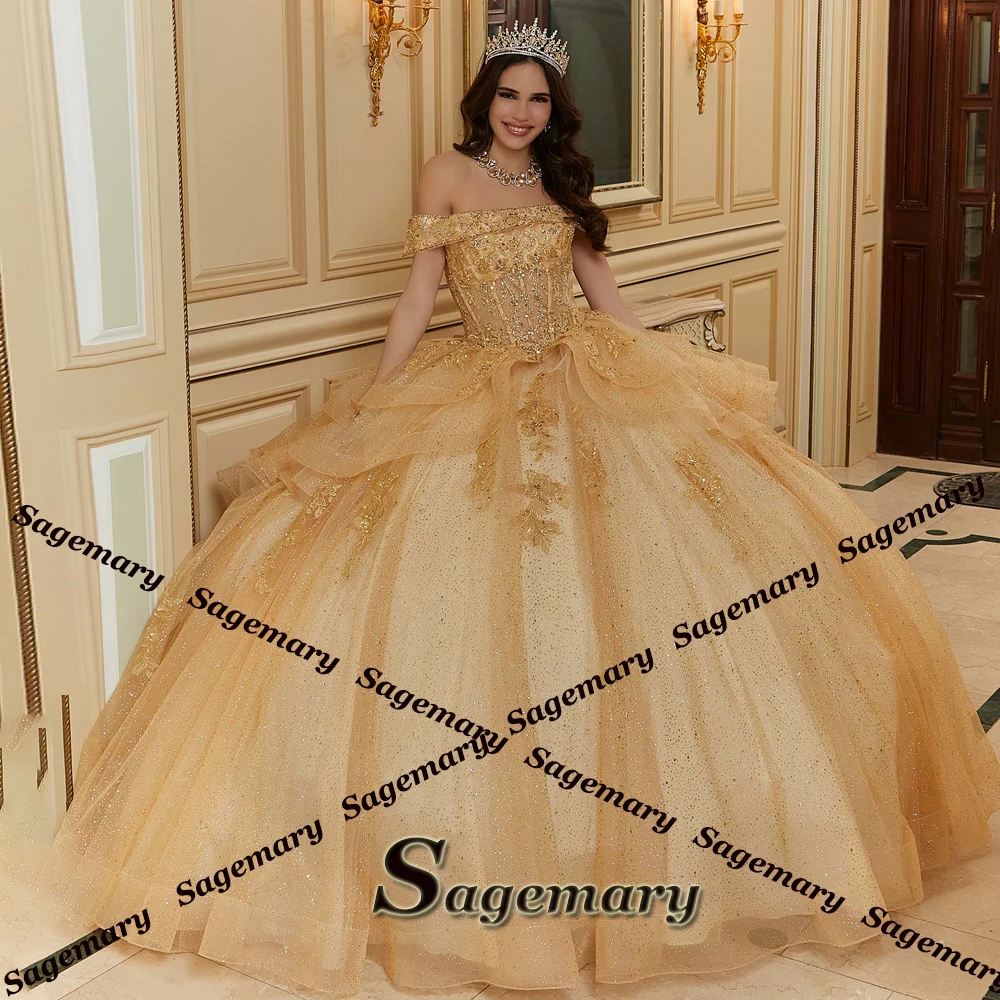 Quinceanera Dresses For Teens Ball Gown Bow Layered Corset Off the Shoulder Rhinestones Appliques Customised