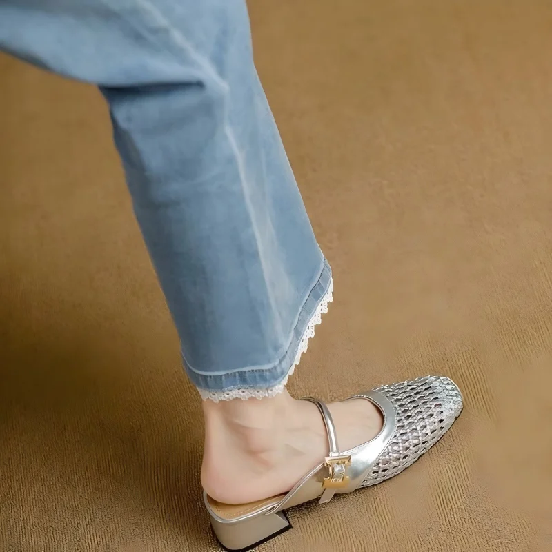 Women’s Mesh Cutout Closed Toe Mule Sandals | Summer 2026 Mid Heel Breathable Slip On Woven Strap Slides 5