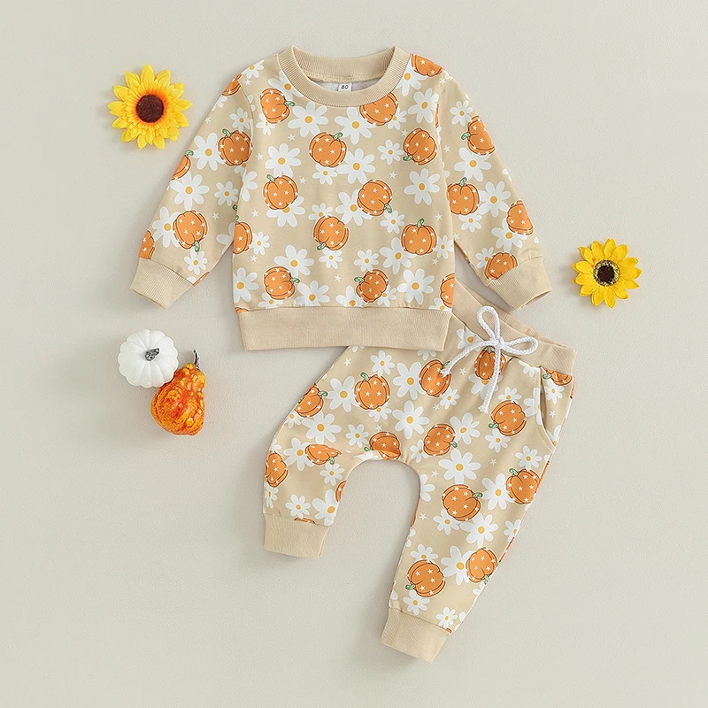 

Fashion Toddler Kids Baby Girls Clothing Pumpkin Flower Print Long Sleeve Crew Neck Sweatshirt Sweatpants Halloween Clothes