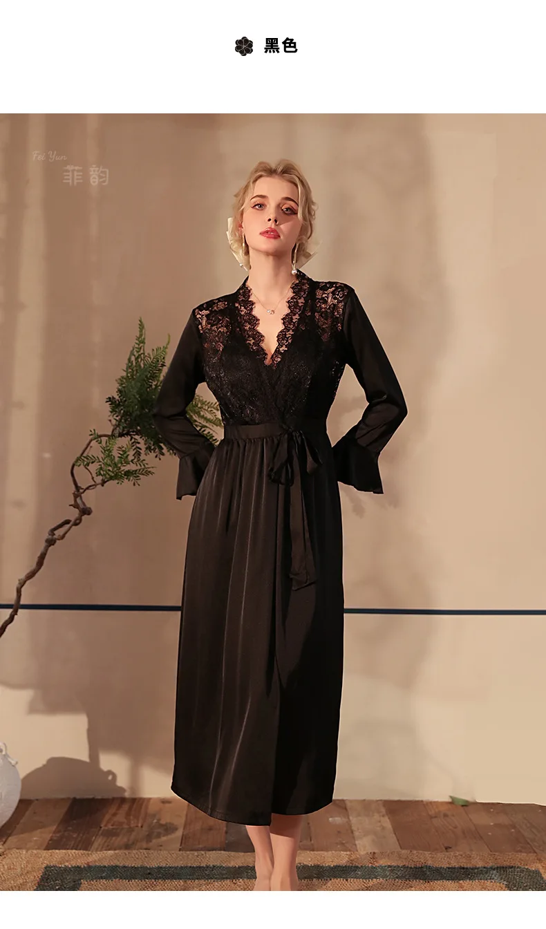 Frühling Sommer Sexy Seide Satin Spitze Nachtwäsche Kleid Lange Ärmeln Bademäntel Für Frauen Lose Hause Kleidung Casual Nachtwäsche Robe – Detail 4