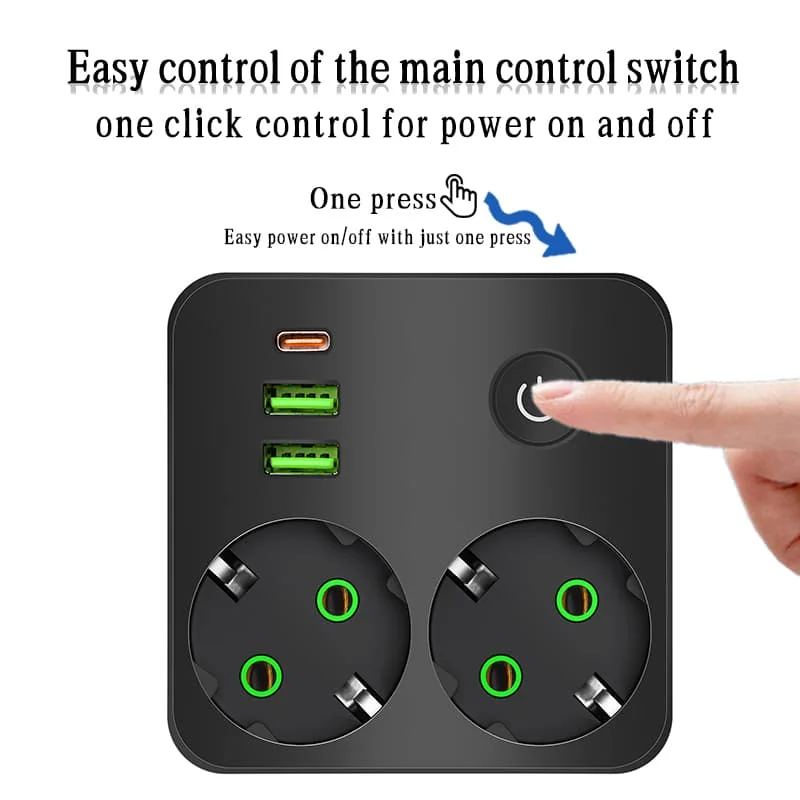 Power Strip EU Plug Outlet 2 Sockets Multitap Wall No Extension Cord with 2 USB 1 Type-C Ports 2500W MAX