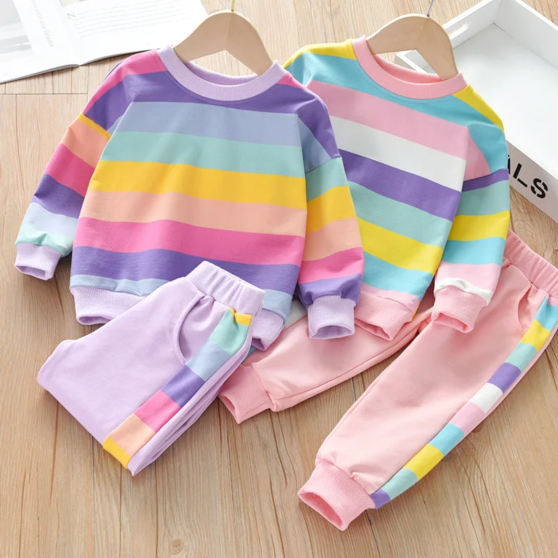 

new! Girls suit rainbow children's foreign style thickening casual sportswear two-piece set