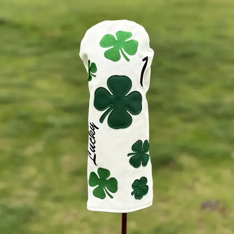 Elegant White Clover Golf Club Head Covers - Durable with Green Four-Leaf Design