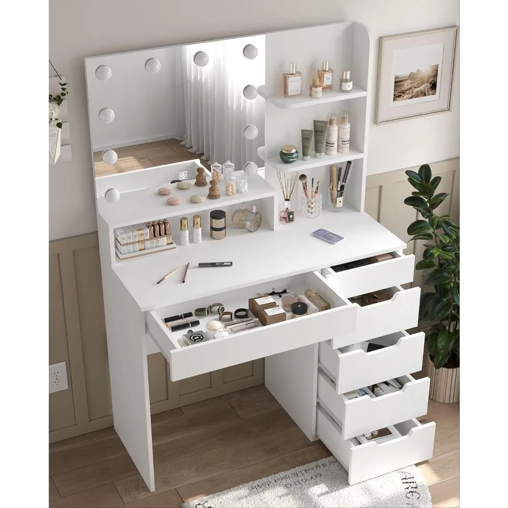 

Vanity Desk with LED Lighted Mirror, Makeup Vanity Table Set with 6 Drawers, 3 Color Lighting Modes Brightness Adjustable